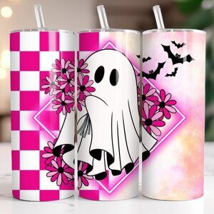 20 oz Pink Plaid Checker Ghost Flowers Travel Tumbler New